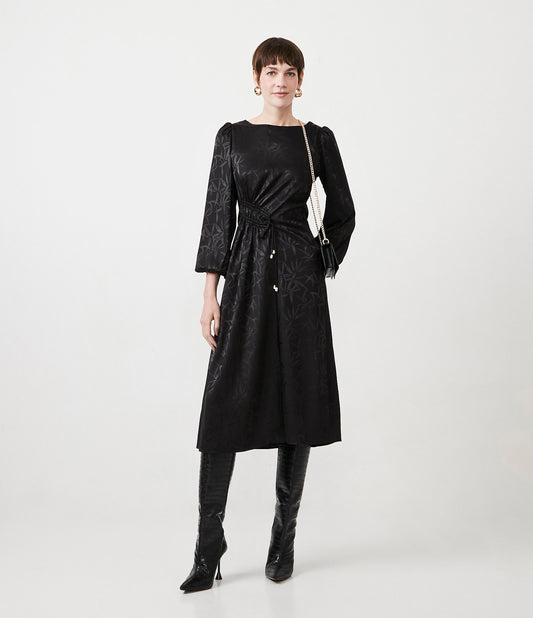 Vestido midi de cetim texturizado com gravata - Preto