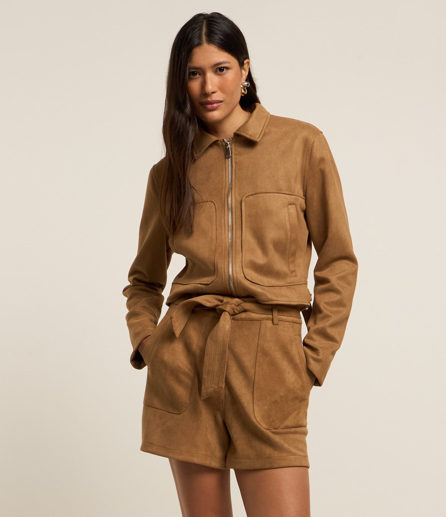 Boxy Suede Jacket with Patch Pockets in Brown