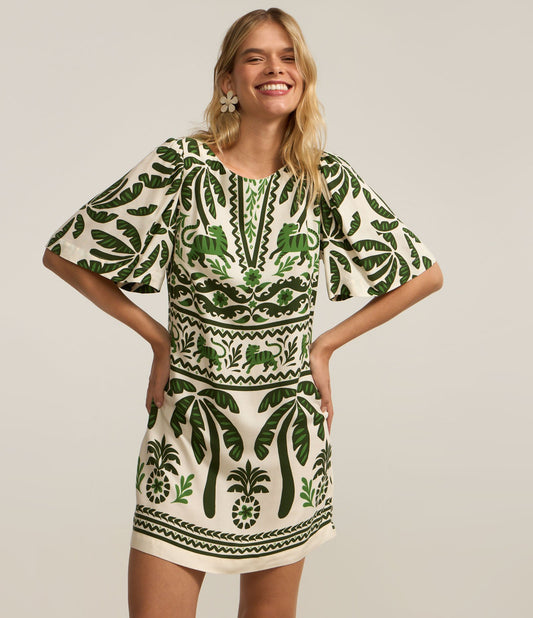 Vestito corto in viscosa con stampa etnica verde