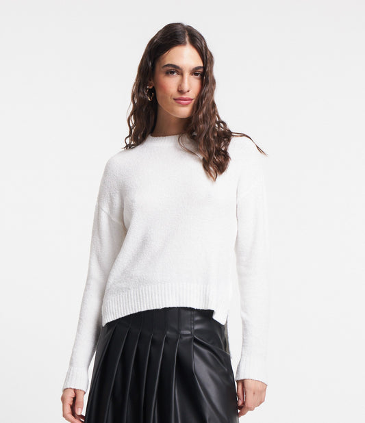 Suéter de Tricô Mousse Branco com Ombros Caídos