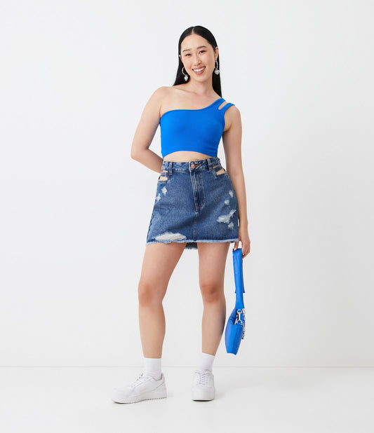 Saia jeans curta de cintura alta com recortes nos bolsos e bainha com franzidos em azul