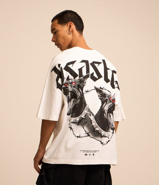 Maglietta oversize in tessuto a maglia con stampa di cani bianchi