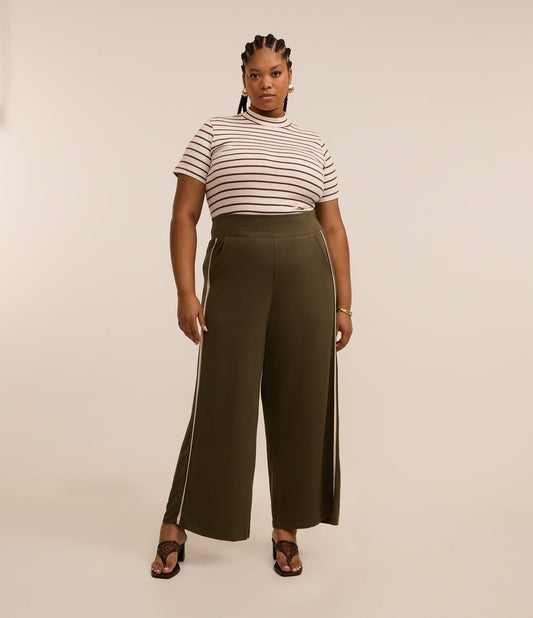 Pantaloni in crêpe a gamba larga con riga laterale, Curve e taglie forti, verde