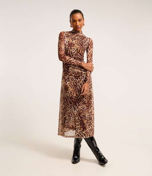Midi A-line Dress in Brown Leopard Print Tulle