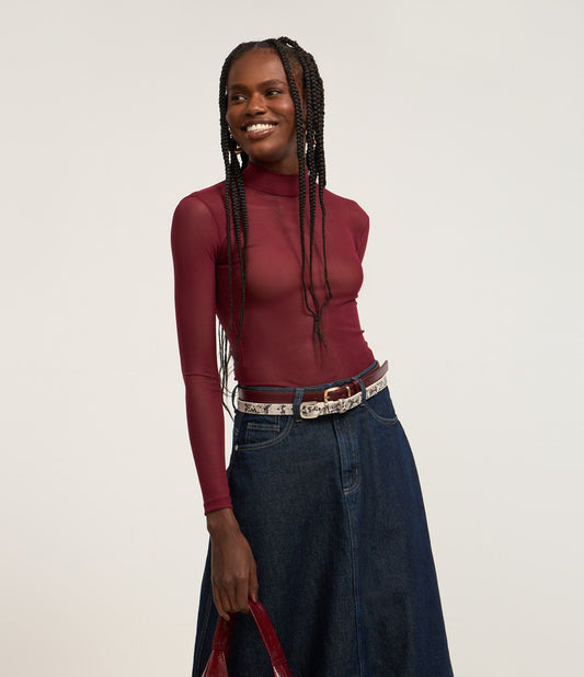 Blusa Segunda Pele em Tule Transparente na Cor Bordô