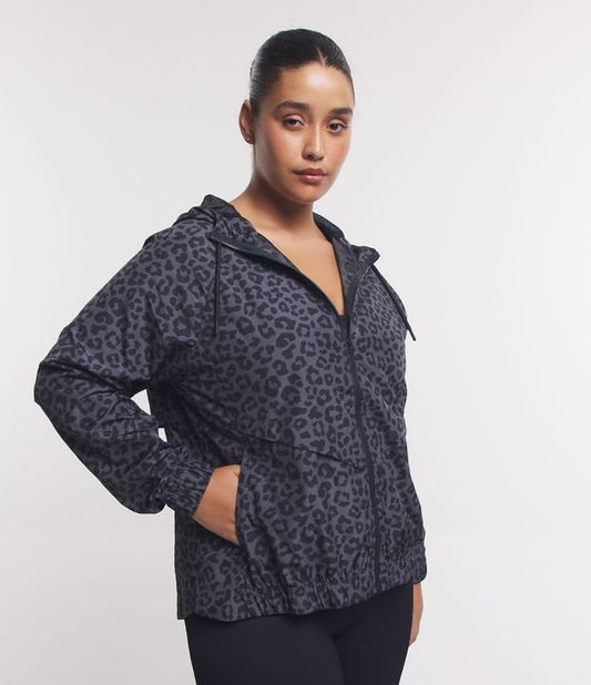 Dark Gray Animal Print Windbreaker Jacket with Hood - Curve & Plus Size