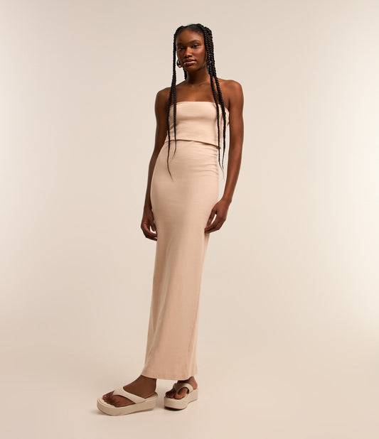 Beige Strapless Midi Ribbed Dress with Back Slit