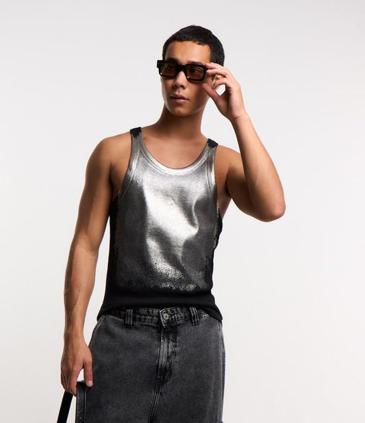 Metallic Silver and Black Ribbed Muscle Tank Top