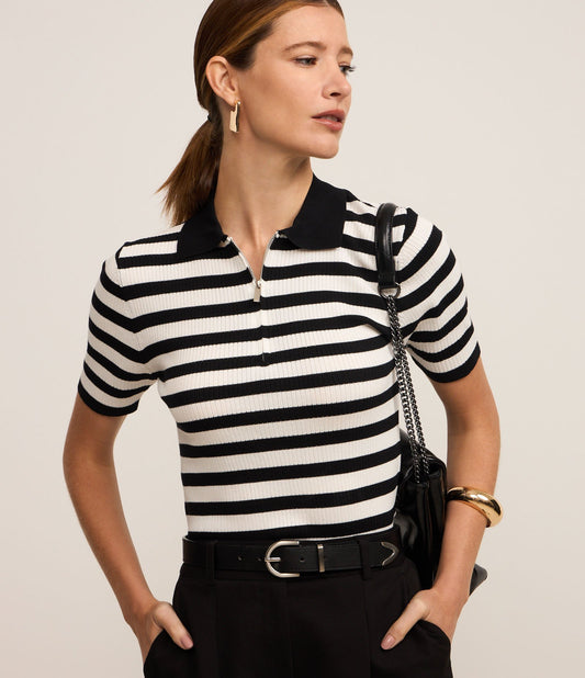 Suéter de Tricô Listrado com Gola Polo e Zíper Preto/Branco