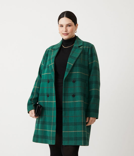 Long Polivelour Plaid Coat with Buttons, Curve & Plus Size, Green