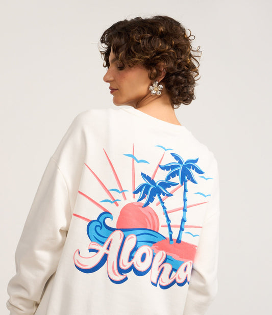 Oversized Hoodie with Fleece Lining and Aloha Print on Front and Back in Off-White