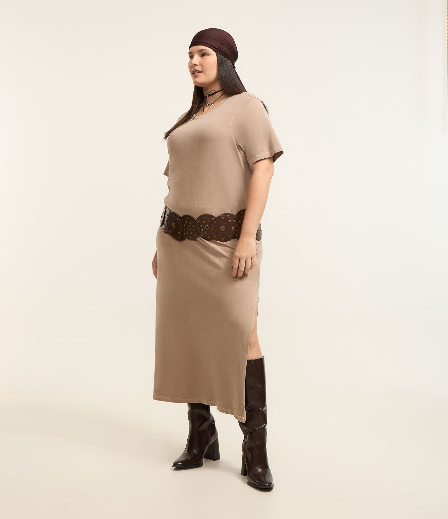 Vestito midi marrone in cotone lavato, taglie forti e taglie forti
