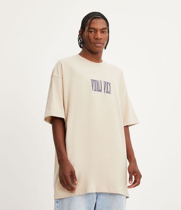 Oversized Beige T-Shirt in Half-Knit Fabric with Donald Duck Embroidery