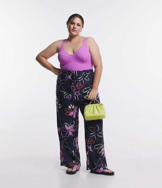 Pantalones palazzo de viscosa con estampado floral azul oscuro - Tallas grandes y curvas