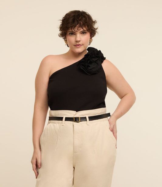 Top monospalla nero a coste con disegno floreale - Curve e taglie forti