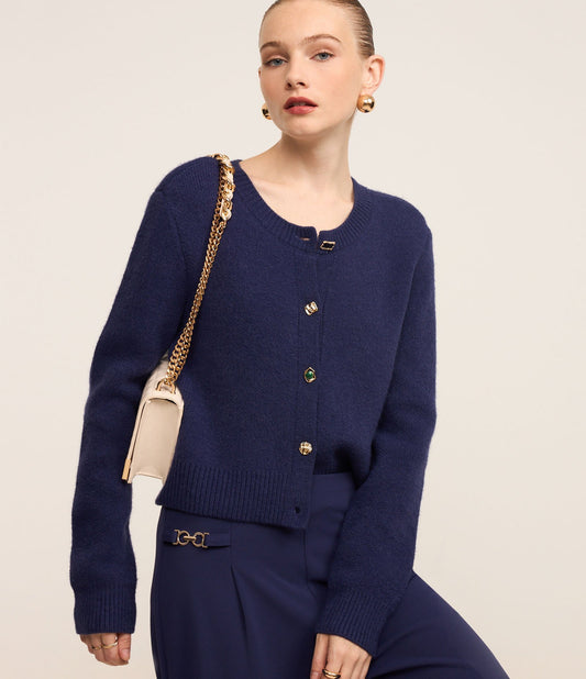 Cardigã de Tricô Canelado com Botões Mistos em Azul