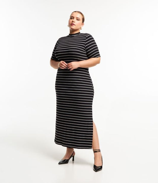 Vestido Midi Negro de Rayas con Cuello Alto - Curvas y Tallas Grandes