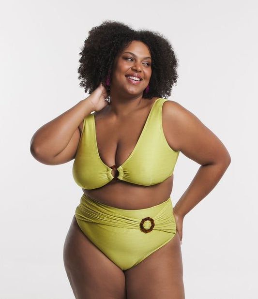 Braguita de bikini de cintura alta de poliamida con detalle fruncido, Curvas y tallas grandes, Verde