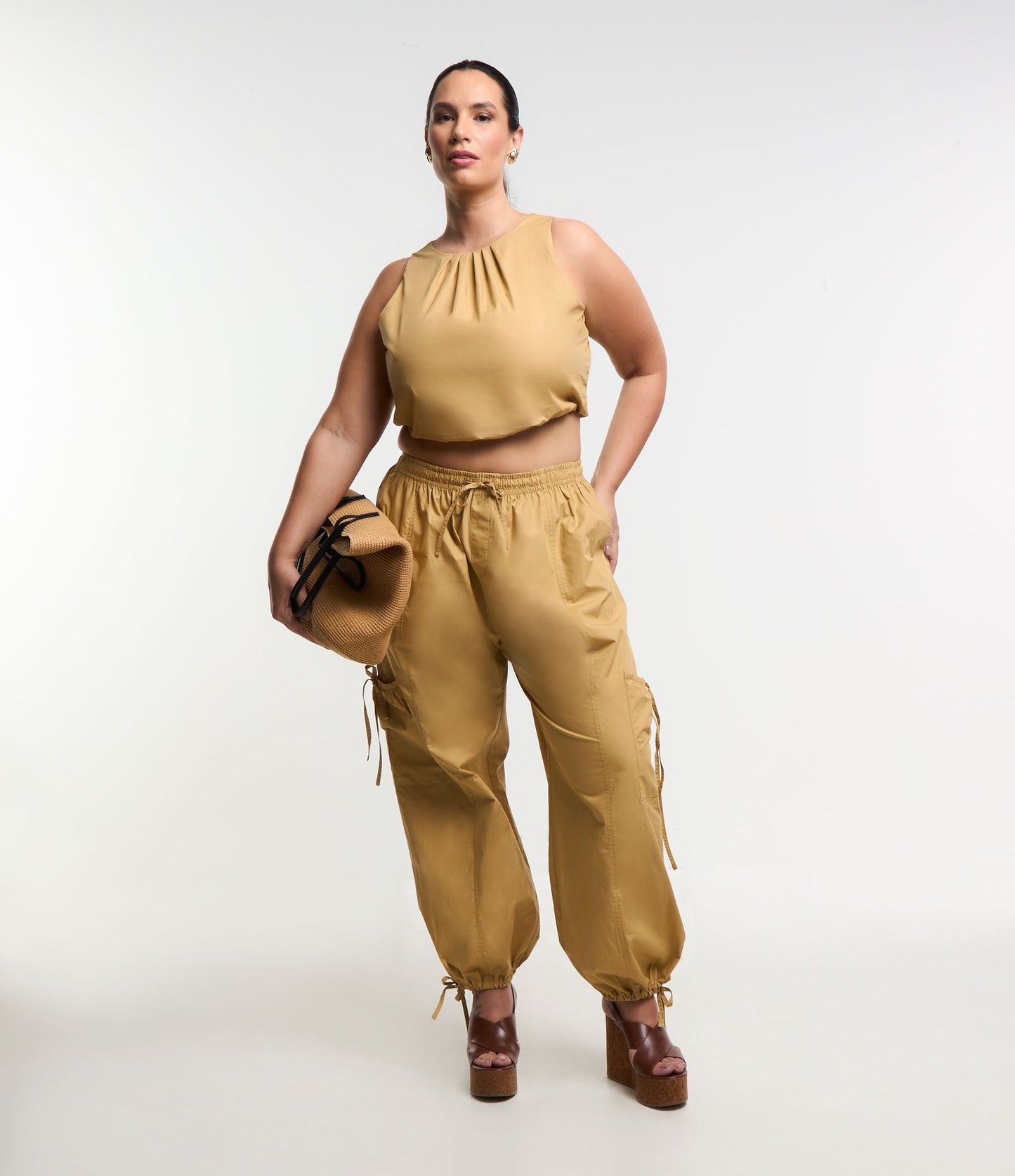 Pantaloni a palloncino con effetto stropicciato, Curve e taglie forti, giallo