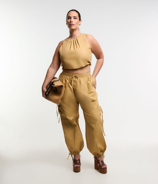 Pantaloni a palloncino con effetto stropicciato, Curve e taglie forti, giallo