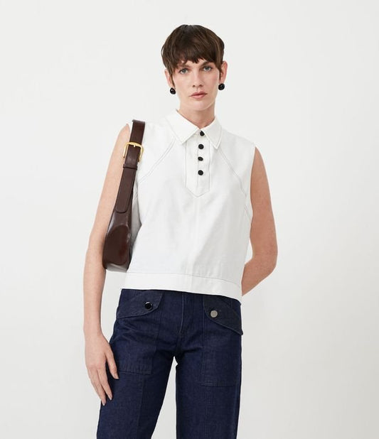 Viscose Blouse with Unique Collar and Snow White Contrast Stitching