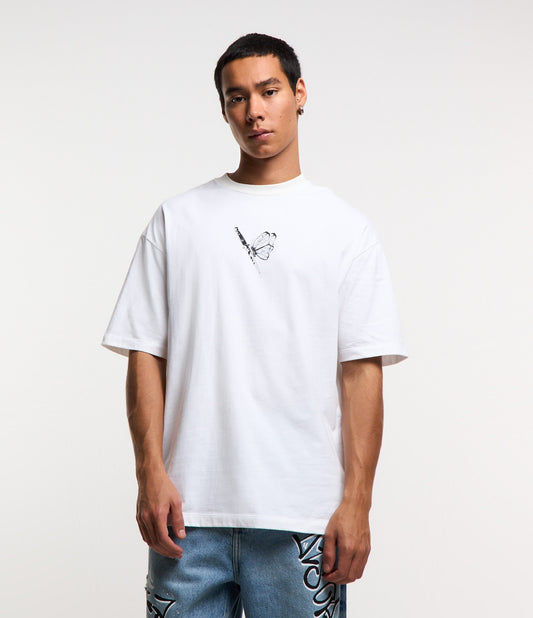 Relaxed Cotton T-Shirt with Butterfly and Dagger Print in White
