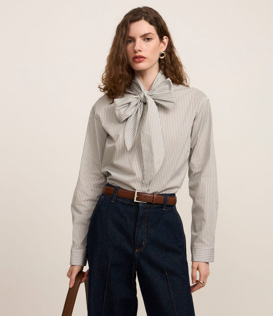 Boho Shirt in Tricoline with Bow Collar and Gray/White Yarn-Dyed Stripes