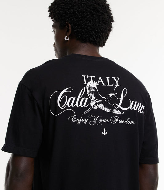 Camiseta relaxada em meia malha com estampa na frente e nas costas - Itália Cala Luna Preto