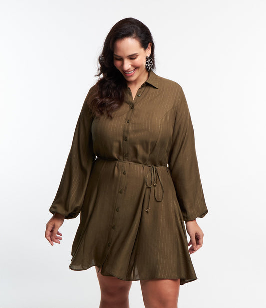 Vestido Chemise Corto de Viscosa con Hilo Metálico y Detalle de Lazo, Tallas Curvas y Grandes, Verde