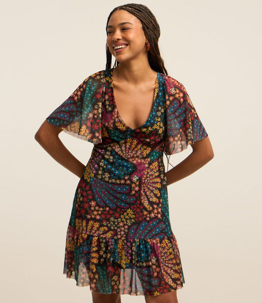 Vestido curto de tule com estampa de frutas multicoloridas