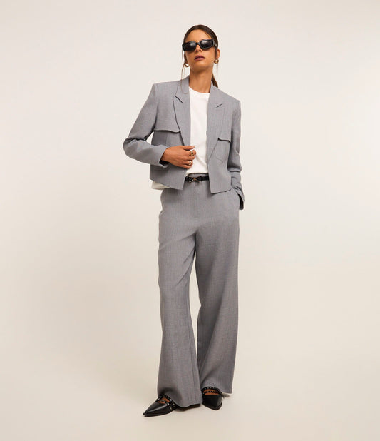 Wide Leg Tailored Pants with Narrow Buckle Belt in Gray