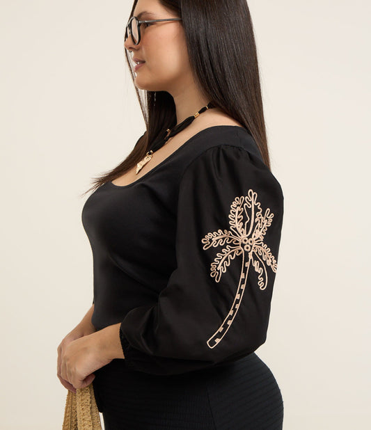 3/4 Sleeve Ribbed Blouse with Embroidery, Curve & Plus Size, Black