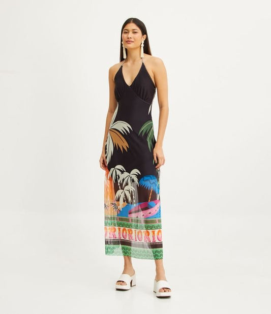 Abito lungo a collo alto in tulle con stampa etnica tropicale multicolor