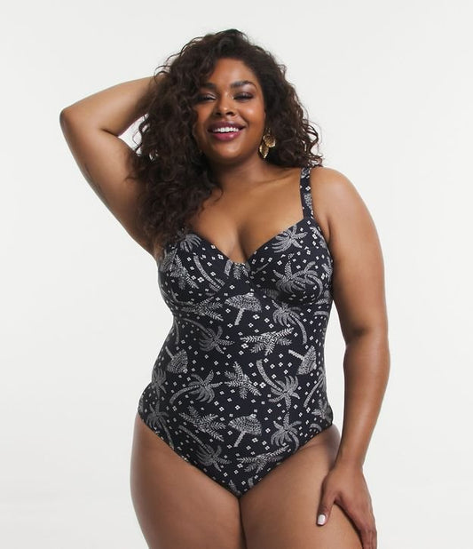 Maiô preto meia-copa em poliamida com alças ajustáveis e estampa de palmeira - Curve e Plus Size