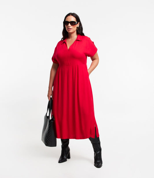 Vestido Midi Rojo de Viscosa con Cuello en V y Cuello Camisero, Curvas y Tallas Grandes