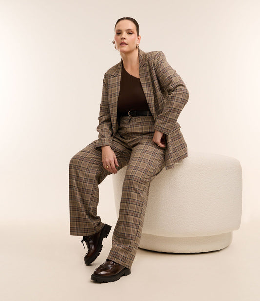 Pantaloni sartoriali a quadri dal taglio dritto con cintura, taglie forti e taglie forti, marrone/grigio