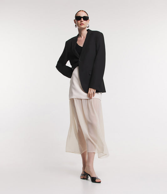 Gonna midi in chiffon beige con sovrapposizione e dettagli trasparenti