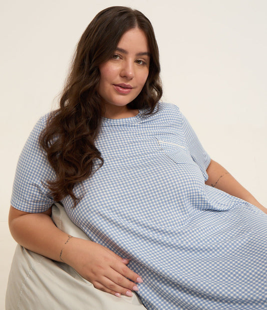 Camisa de noite em viscose xadrez azul - Curve e Plus Size