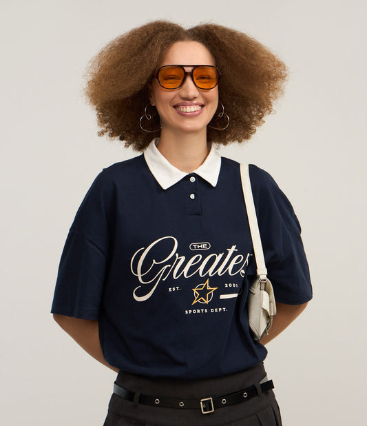 Navy Blue Oversized Cotton Polo Shirt with "Greatest" Print