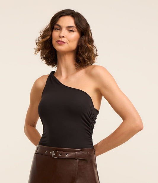 Top monospalla nero a coste con cinturino intrecciato