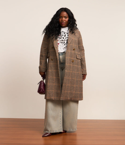 Cappotto lungo in Polivelour a scacchi in marrone - Curve e taglie forti