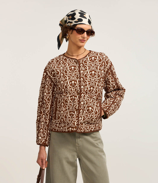 Jaqueta Trucker de Sarja Paisley com Bolsos Marrons