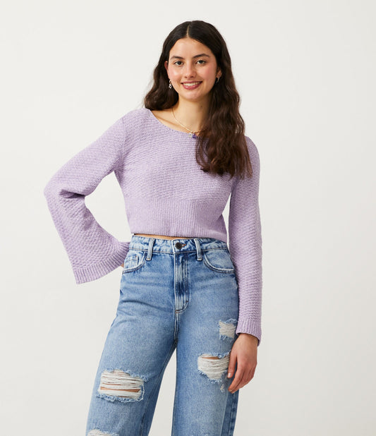 Suéter Roxo de Manga Longa com Gola Canoa e Mangas Sino