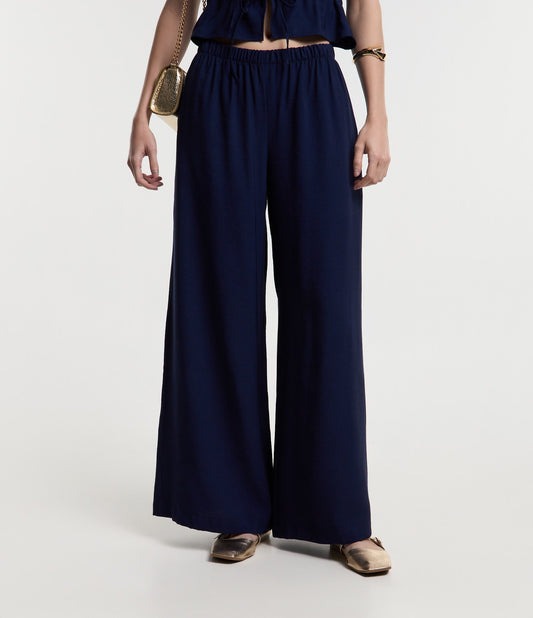 Calça de viscose fluida sob medida com cós elástico em azul