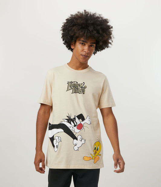 Maglietta a maniche corte a mezza maglia con stampa di Titti e Silvestro in arancione