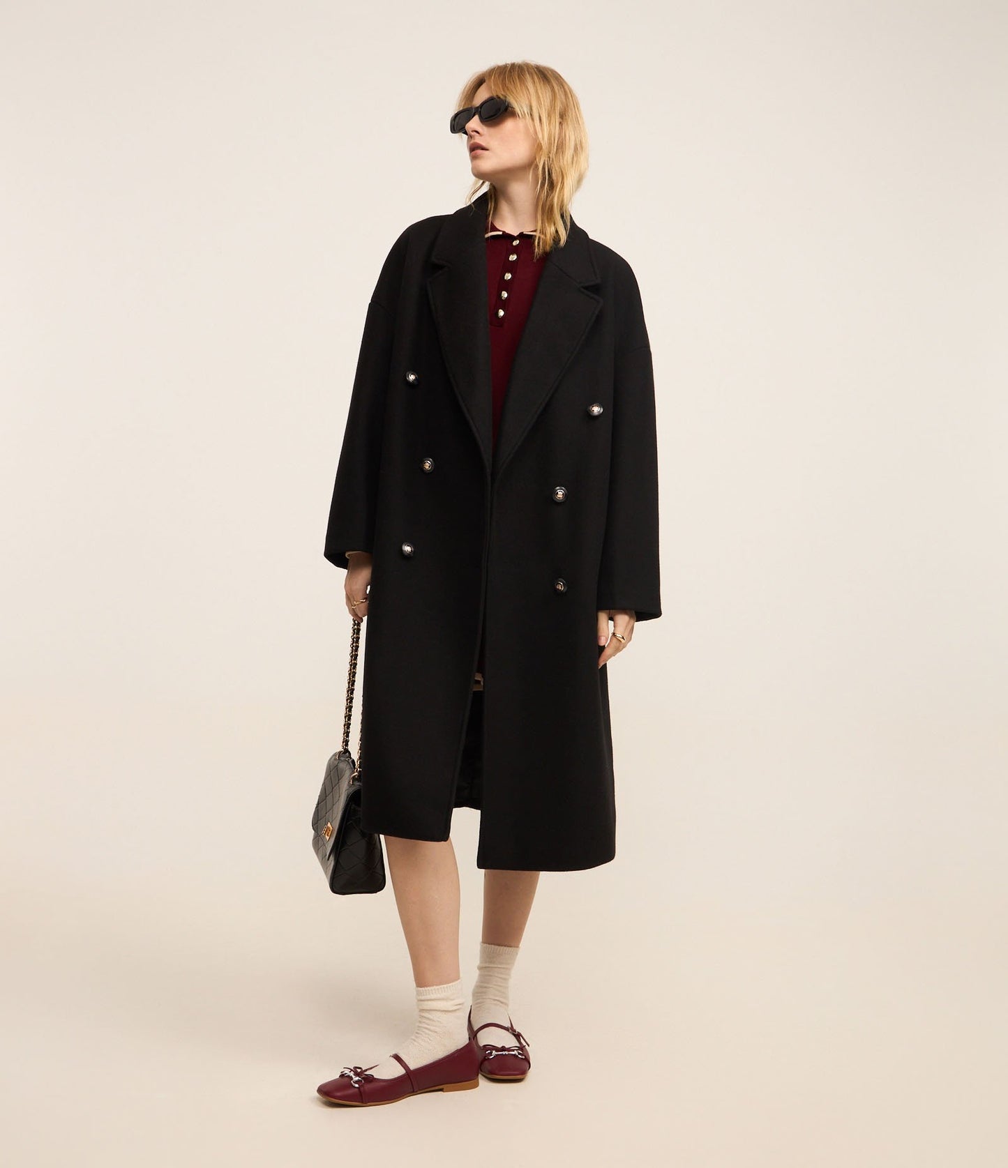 Oversized Black Polivelour Coat with Buttoned Overlap