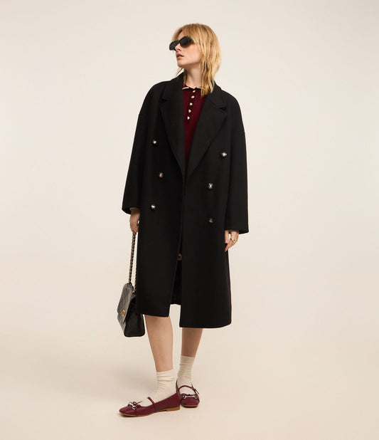Oversized Black Polivelour Coat with Buttoned Overlap