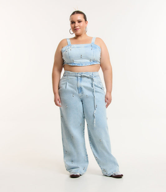 Vaqueros de pierna ancha con adornos y cordón, Curvas y tallas grandes, Azul