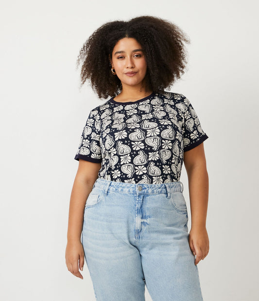 Blusa de viscolycra com estampa de gato azul - Curve e Plus Size