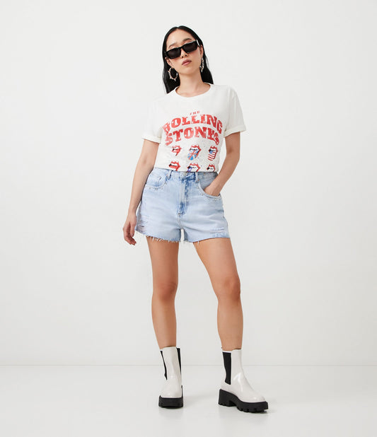 Shorts jeans de cintura alta e desgastados com tachas em azul